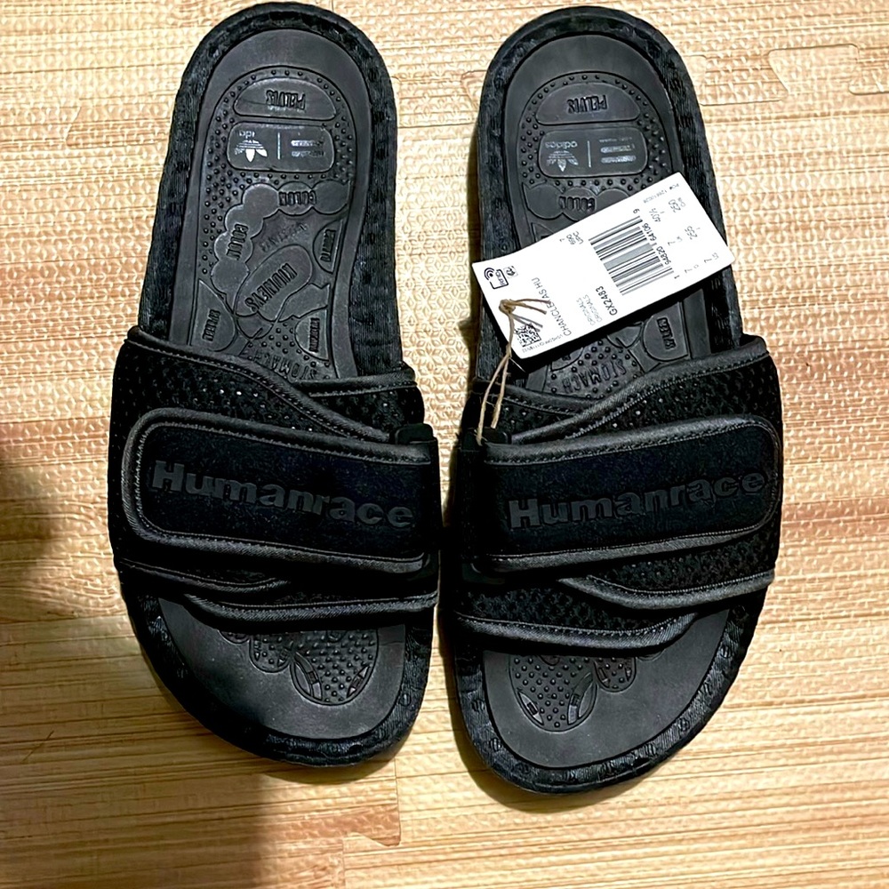 Adidas X Pharrell, triple black, authentic human race sandals